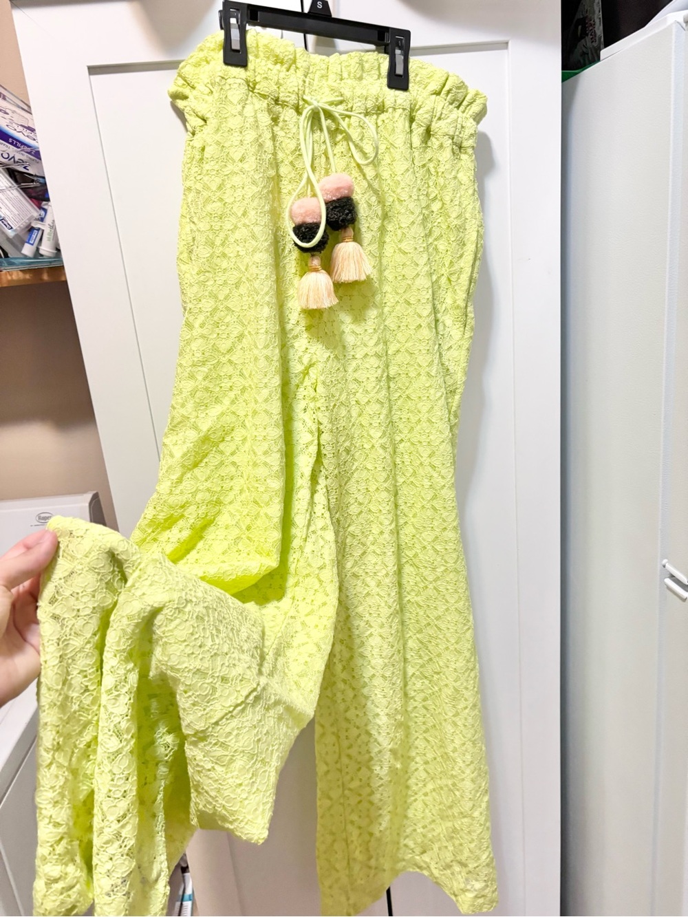 Anthropologie Ollari Lacy Chic Wide Leg Pants Chartreuse Tassel Ties